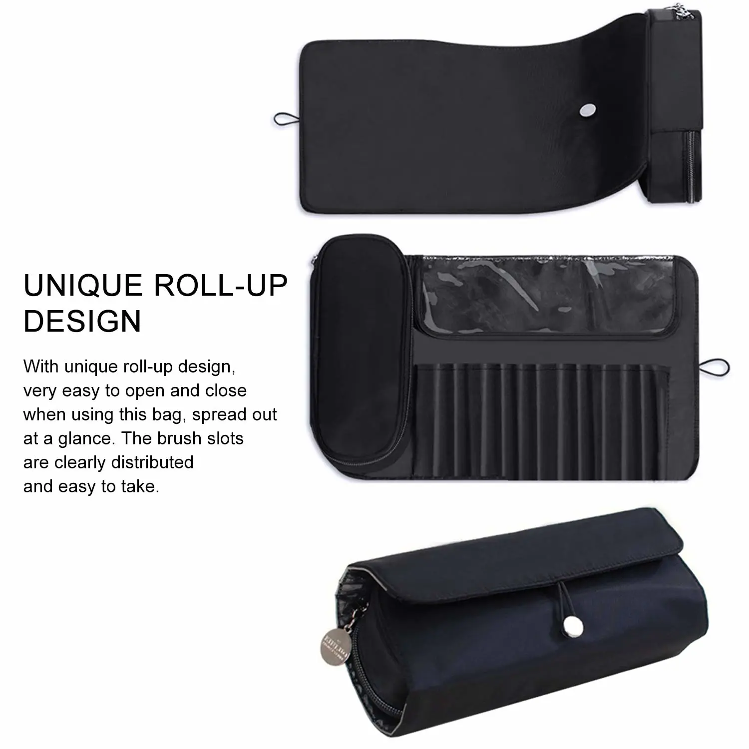 Makeup Brush Bag, Travel Makeup Brush Case Makeup Brush Holder Organizer Cosmetic Bag Portable Roll Up Brush Storage Bag for Makeup Brushes and Cosmetic Essentials (Black)