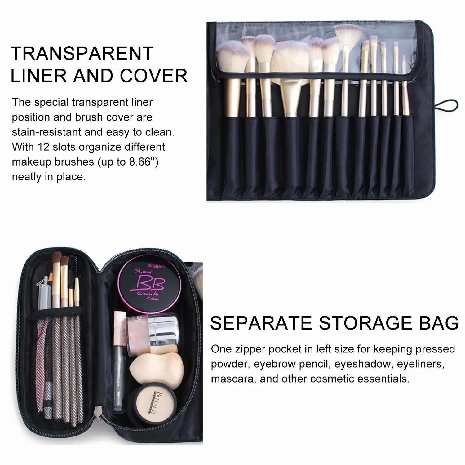 Makeup Brush Bag, Travel Makeup Brush Case Makeup Brush Holder Organizer Cosmetic Bag Portable Roll Up Brush Storage Bag for Makeup Brushes and Cosmetic Essentials (Black)