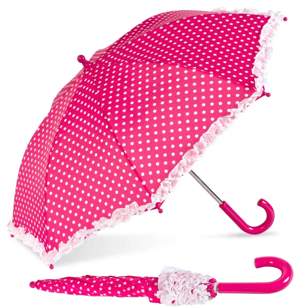 ShedRain Pink Polka Kids Umbrella - Pinch-Proof, Easy Grip Handle - Compact Travel Umbrella with Large 33" Arc