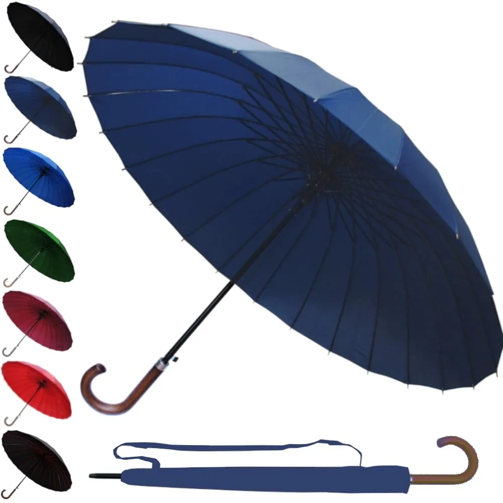 24 Ribs for SUPER-STRENGTH - Windproof 60MPH EXTRA STRONG Umbrella - 3 Layer Reinforced Frame With Fiberglass - Wooden Hook Handle - Solid Wood - Automatic