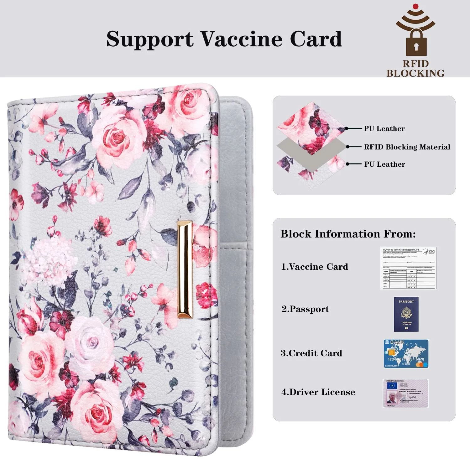 Passport and Vaccine Card Holder,Traveling Passport Cover with CDC Vaccination Card Slot RFID Blocking Passport Wallet for Women and Men, Grey Flowers