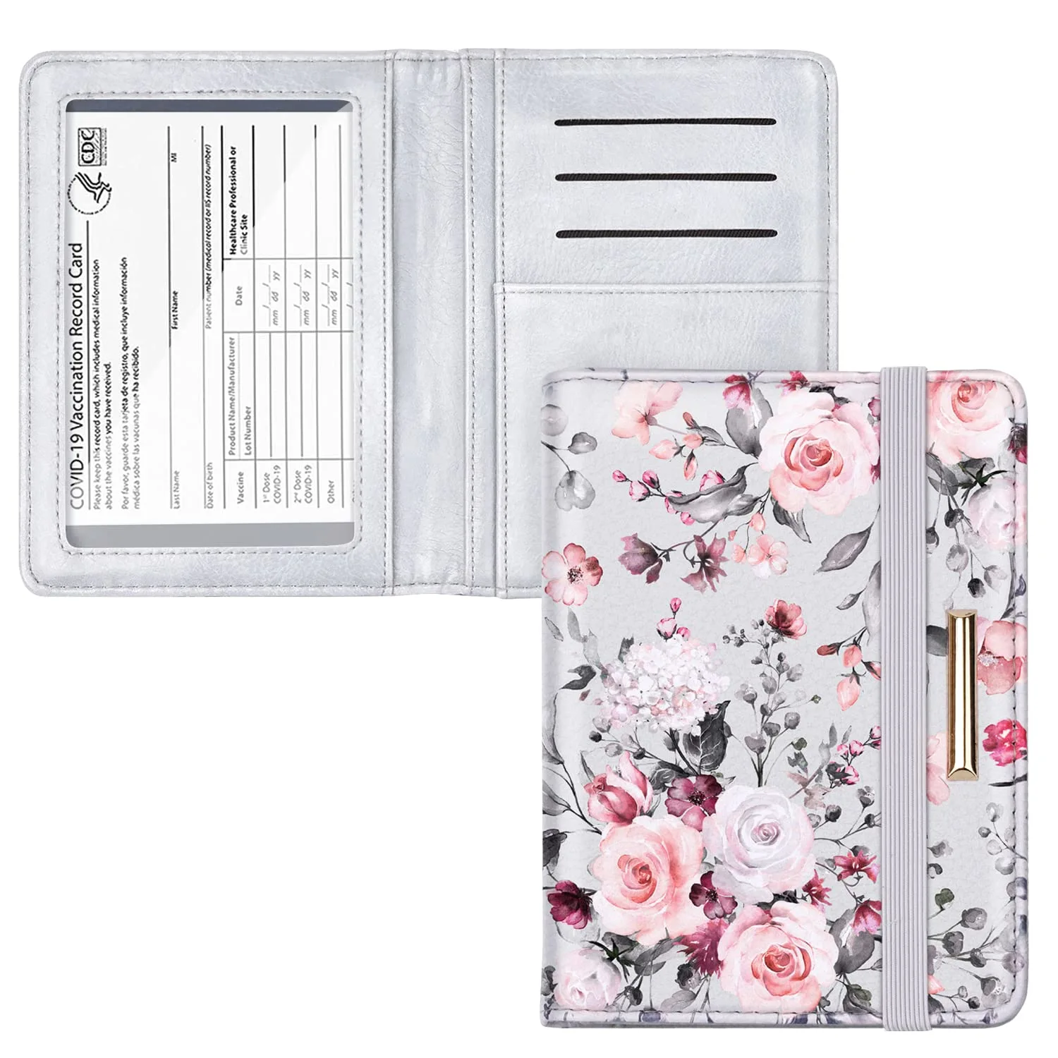 Passport and Vaccine Card Holder,Traveling Passport Cover with CDC Vaccination Card Slot RFID Blocking Passport Wallet for Women and Men, Grey Flowers