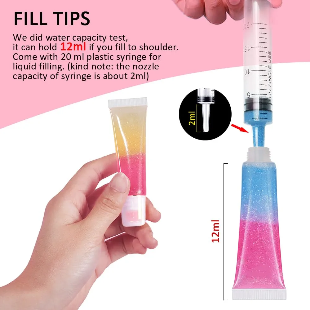 AMORIX 50PCS Lip Gloss Tubes 10ml Empty Lip Balm Containers Refillable Lipgloss Squeeze Tubes with 2 x 20ml Syringes 5pcs Organza Bags & Tag Labels Stickers for DIY Cosmetic