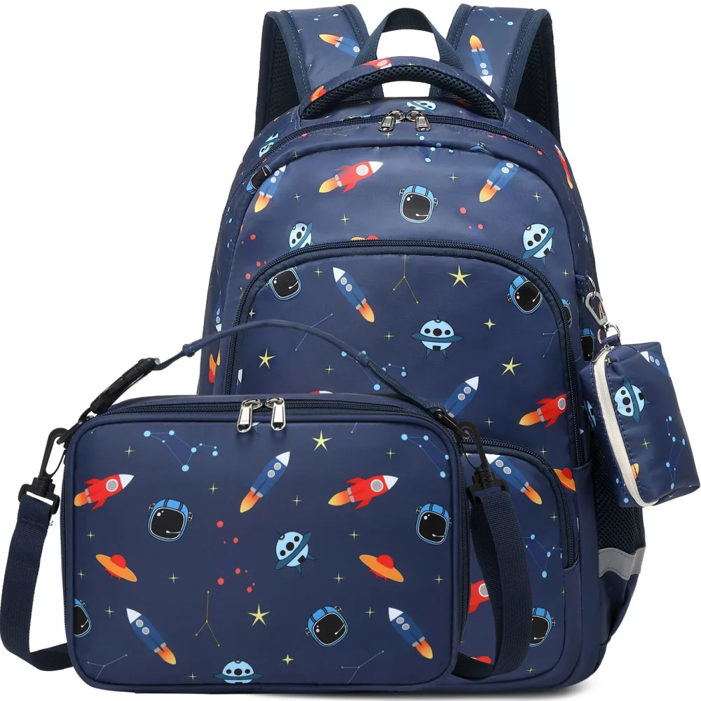 MIRLEWAIY Boys Backpack Purse Set Kids Space Rocket Printed School Bag 15.7 inch Multipocket Bookbag With Insulated Lunch Box And Coin Pouch, Dark Blue Rocket