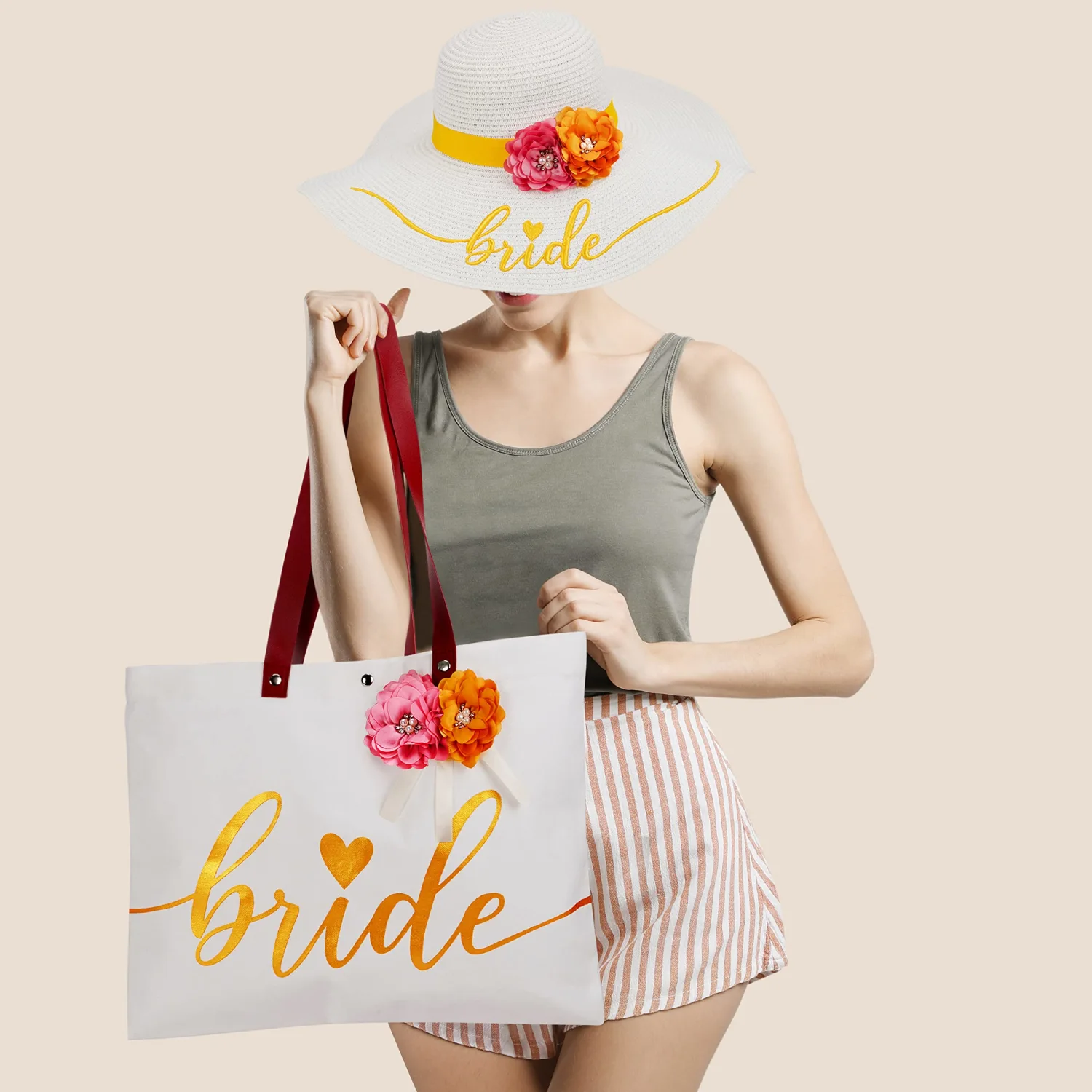 Bride Tote Bag Bride Beach Hat Set Bride Sun Hat | Bachelorette Beach Gift, Bridal Favor, Honeymoon, Wedding, Engagement