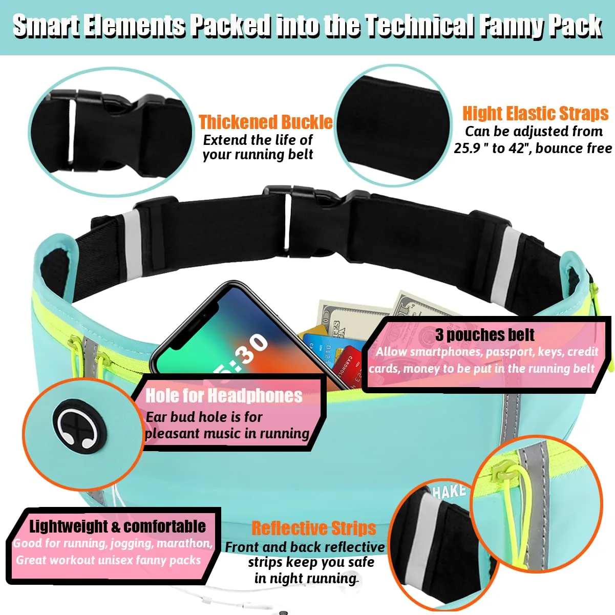 USHAKE Slim Running Belt, Workout Fanny Pack for Men Women,Exercise Waist Pack for Apple iPhone Holder, Runner Belt for Running Walking Cycling Camping Gym