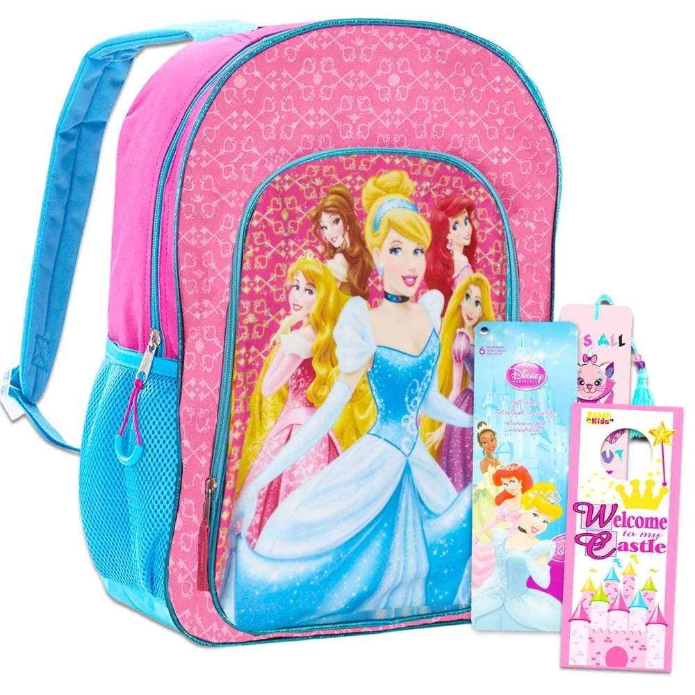 Disney Princess Backpack Set For Girls - 4 Pack Bundle With Deluxe 15" Princess School Bag, Princess Stickers, Aristocats Bookmark, Castle Door Hanger, and More | Princess School Supplies For Kids