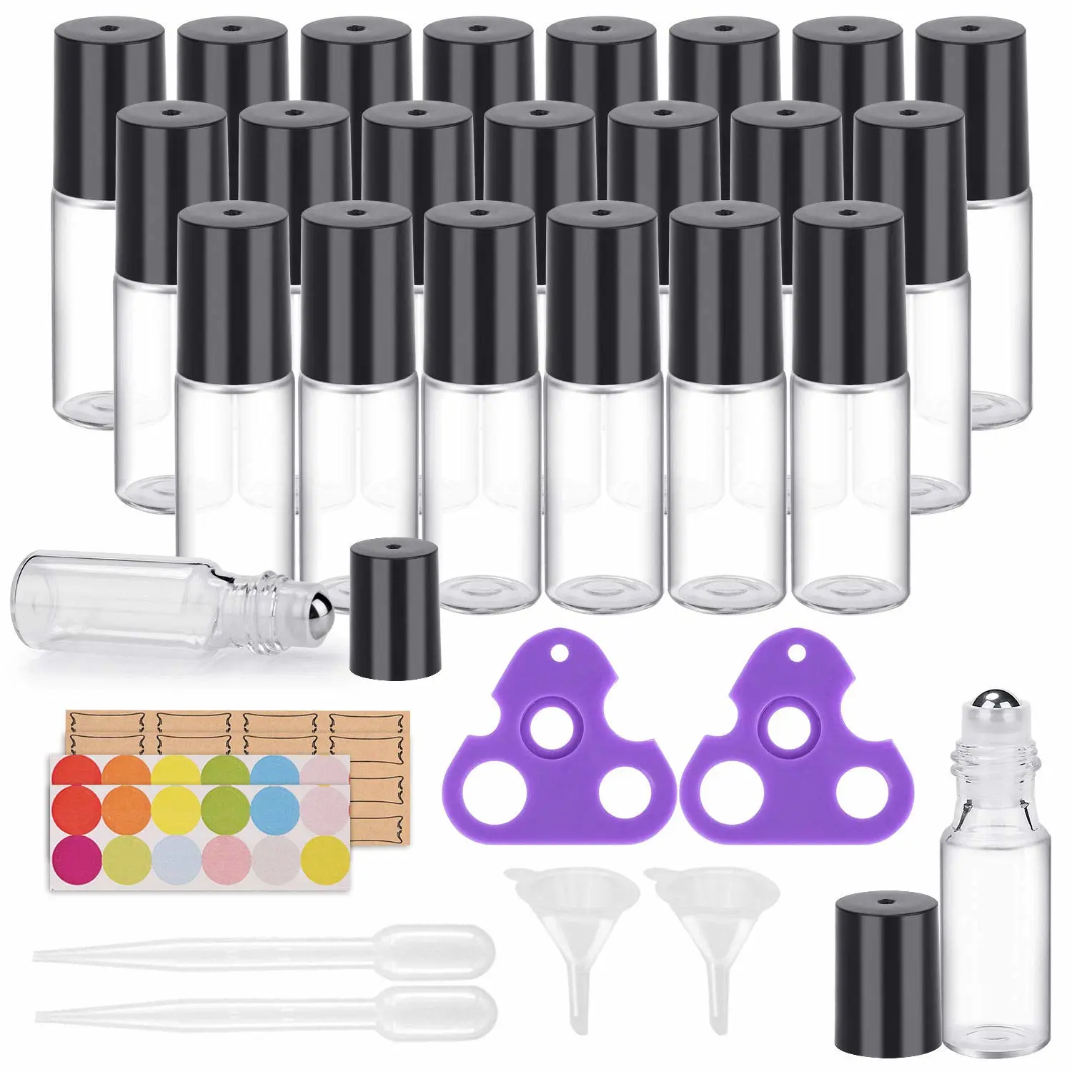 Easytle Essential Oil Roller Bottles 24 Pack 5ml Clear Glass Roller Bottles for Oils (96 Pieces Labels, 2 Opener, 4 Funnels, 4 Dropper) Roll on Bottles with Stainless Steel Roller Balls and Caps