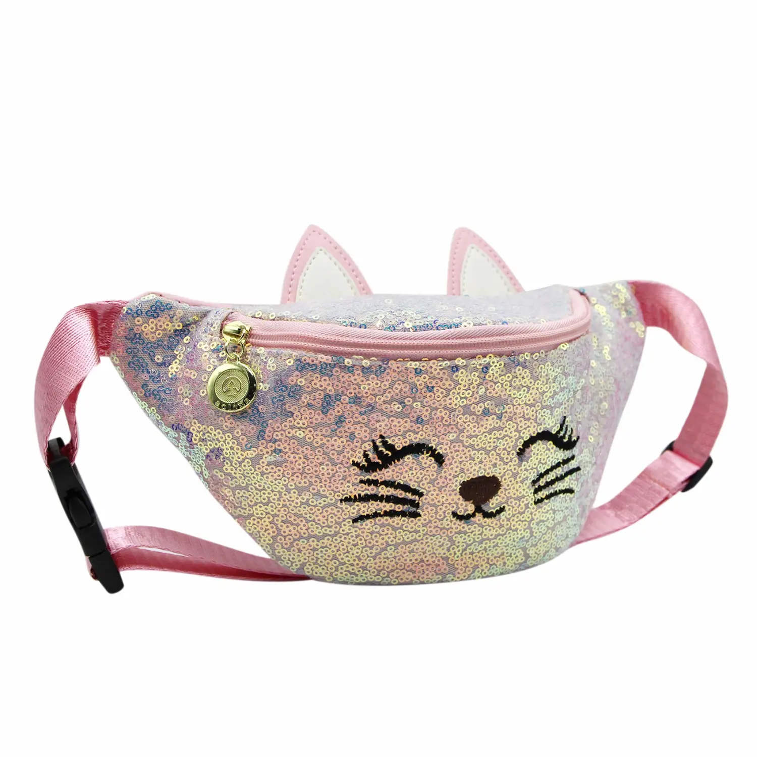 Waist Bag Glitter Sequin Girls Fanny Pack Adjustable Belt Cute Cat Sport Travel Bum Purse for Kids Teens