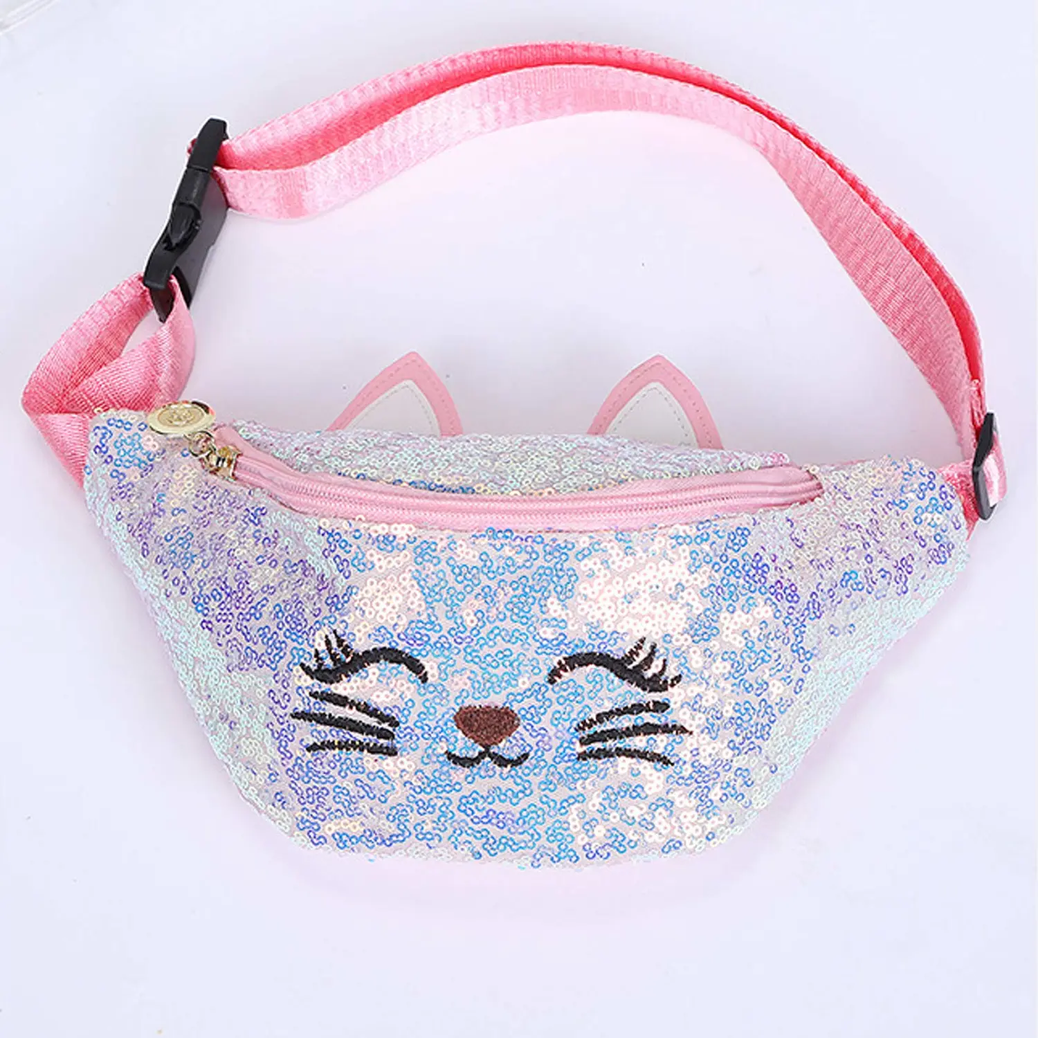 Waist Bag Glitter Sequin Girls Fanny Pack Adjustable Belt Cute Cat Sport Travel Bum Purse for Kids Teens