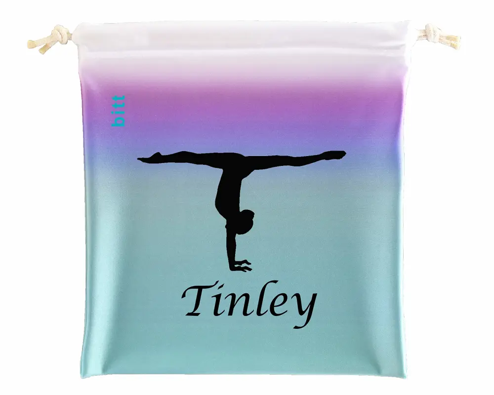 Gymnastics Grip Bag with Gymnast Handstand in Ombre Colors - Customized Bag, Swarovski Crystals Option (Teal Purple Ombre)