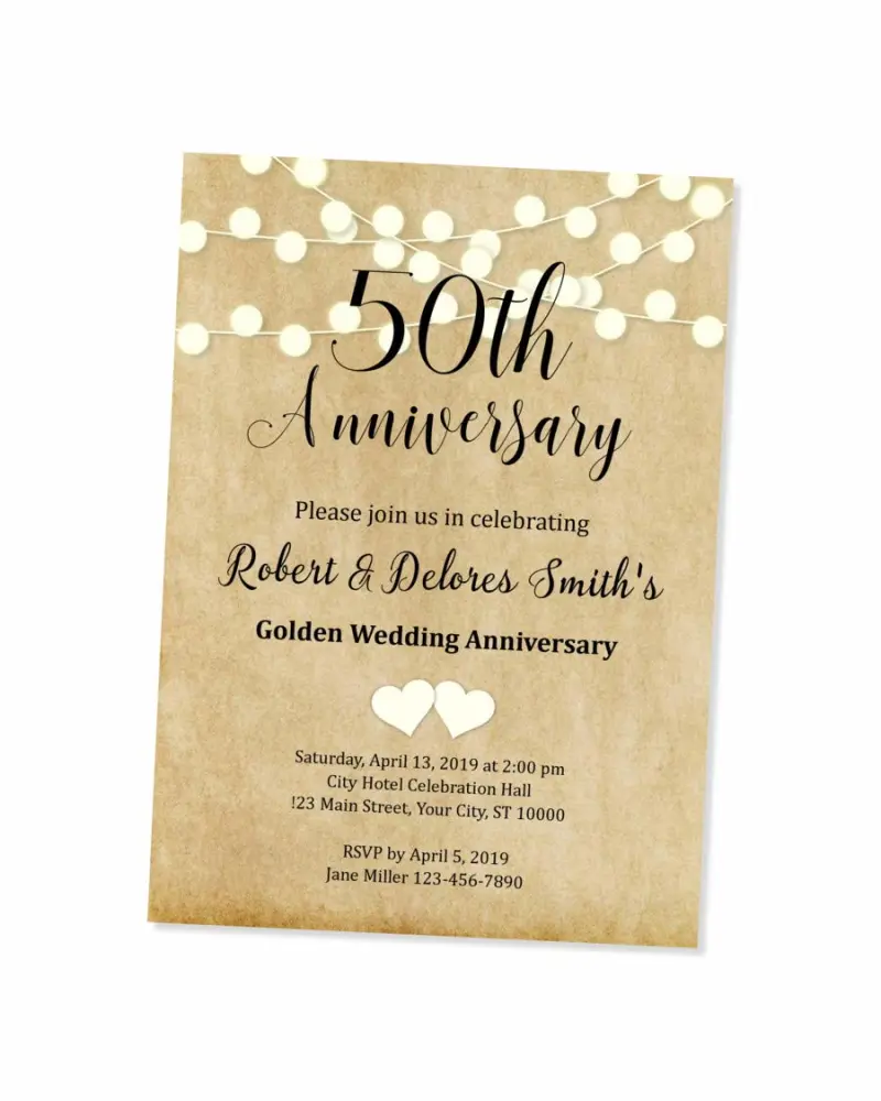 50th Wedding Anniversary Invitation, String of Lights 50th Anniversary Invites, Custom Personalized 50th Anniversary Invitations