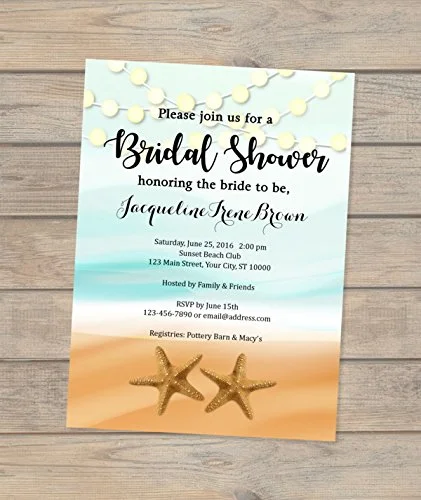 Beach Theme Bridal Shower Invitation, Starfish and String of Lights Invitation, Ocean and Sand Bridal Shower Invite