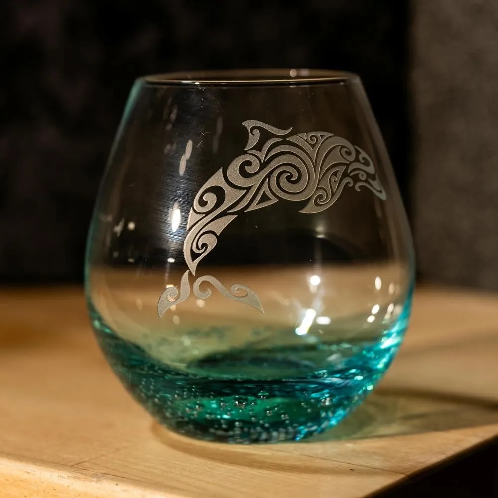 Integrity Bottles Tribal Dolphin Design Stemless Wine Glass, Handmade, Handblown, Hand Etched Gifts, Sand Carved, 18oz (Bubbly Teal)