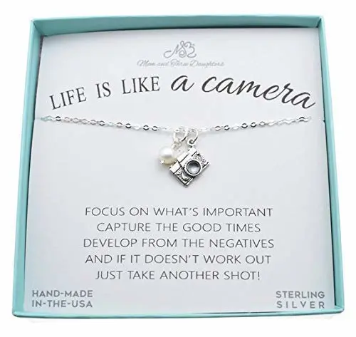 Camera Charm Silver Pendant Necklace for Women Accented with a Crystal Pearl .925 Sterling Silver, Gift for Photographer, Photographer Gifts, 18-inch Chain