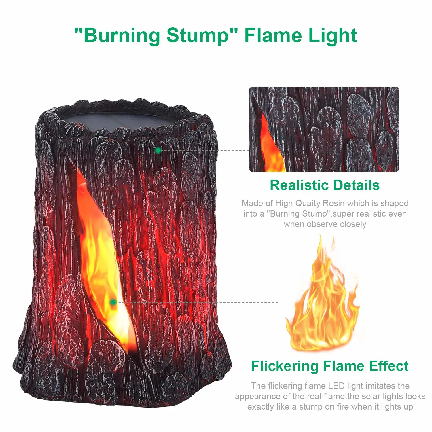 TONULAX Solar Lights Outdoor - Stump On Fire Torch, Flickering Flame Lantern, Solar Powered Landscape Decoration for Garden, Patio, Pathway, Deck & Yard Decor (2 Pack), Resin, Copper