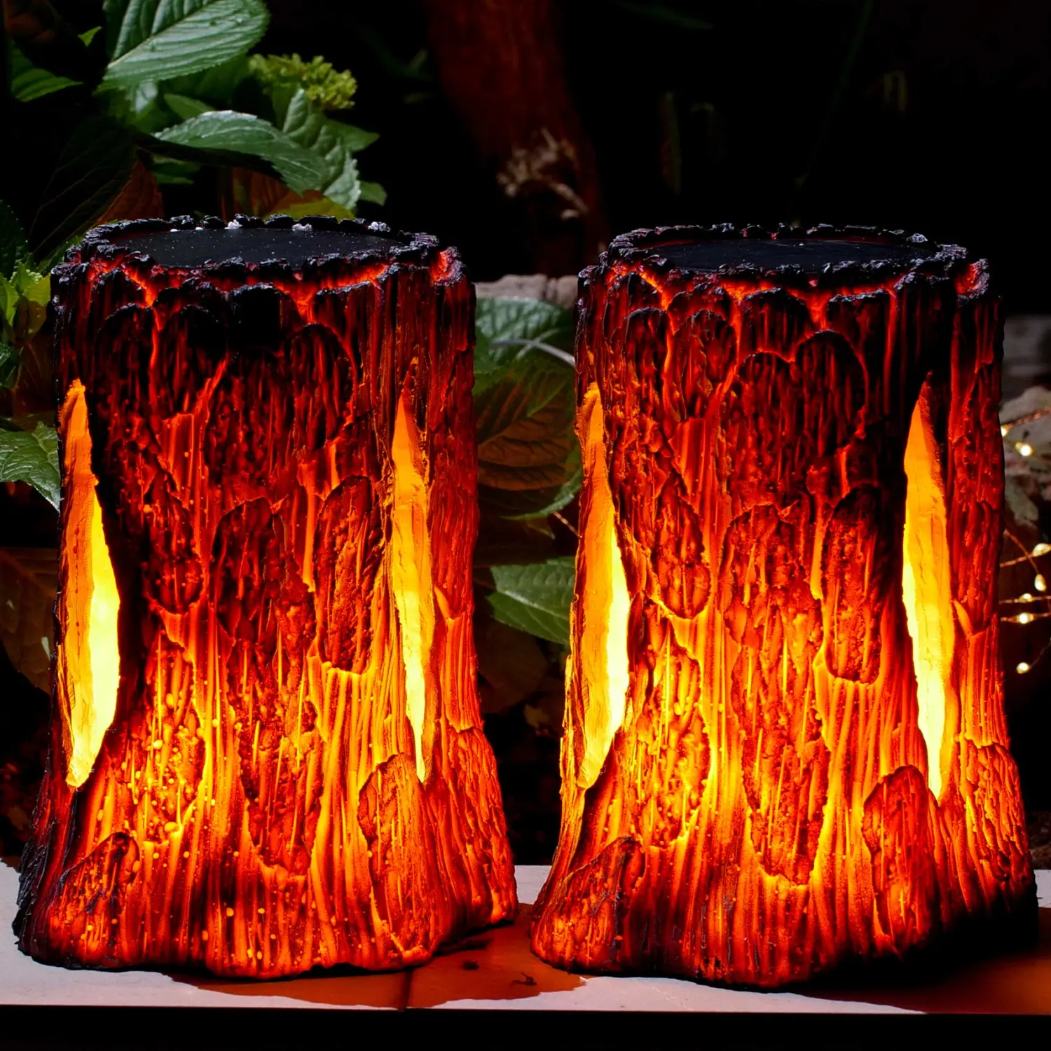 TONULAX Solar Lights Outdoor - Stump On Fire Torch, Flickering Flame Lantern, Solar Powered Landscape Decoration for Garden, Patio, Pathway, Deck & Yard Decor (2 Pack), Resin, Copper