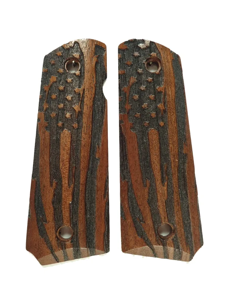 Walnut American Flag Full Size 1911 Grips Checkered Engraved Textured