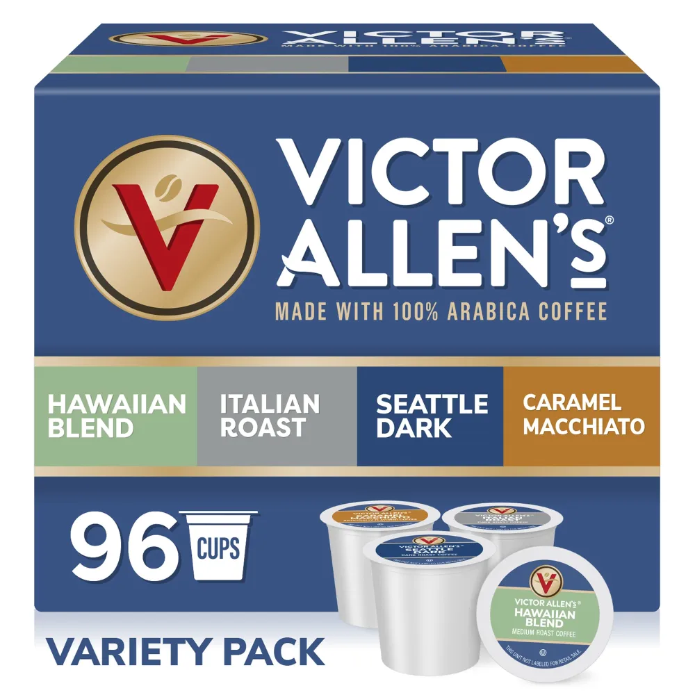 Victor Allen's Coffee Variety Pack (Kona Blend, Italian Roast, Seattle Dark, Caramel Macchiato), 96 Count, Single Serve Coffee Pods for Keurig K-Cup Brewers