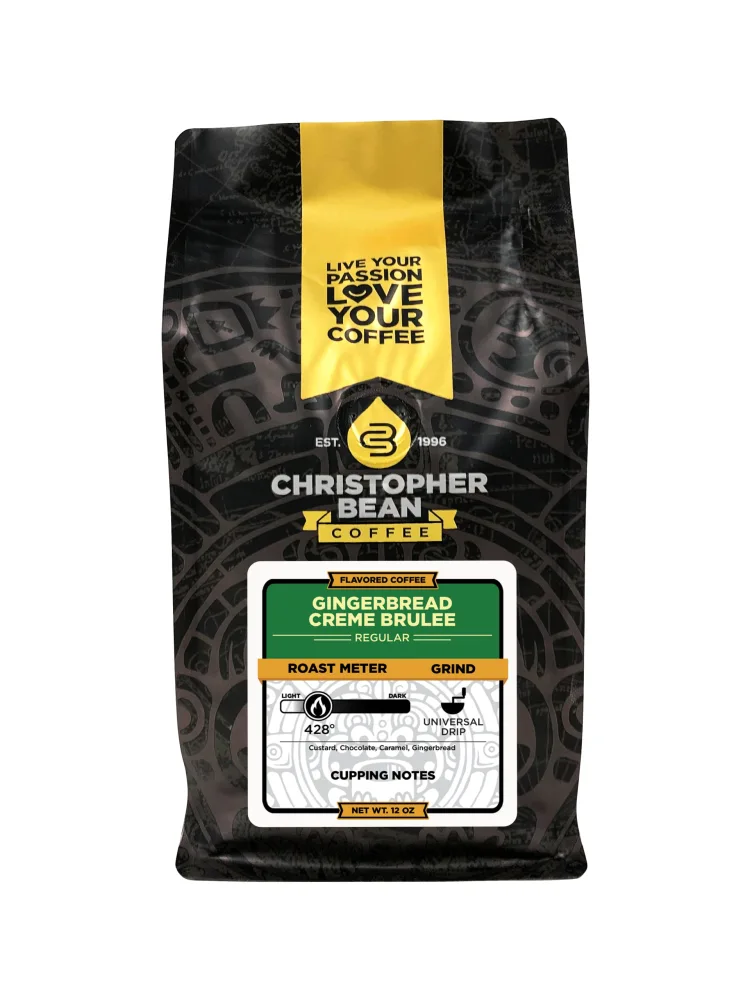 Christopher Bean Regular Flavored Coffee Ground - Sugar-Free, Dairy-Free, Fat-Free Arabica Ground Coffee with Non-GMO Flavoring, Ground Coffee Medium Roast, Gingerbread Creme Brulee, 12-Ounce Bag