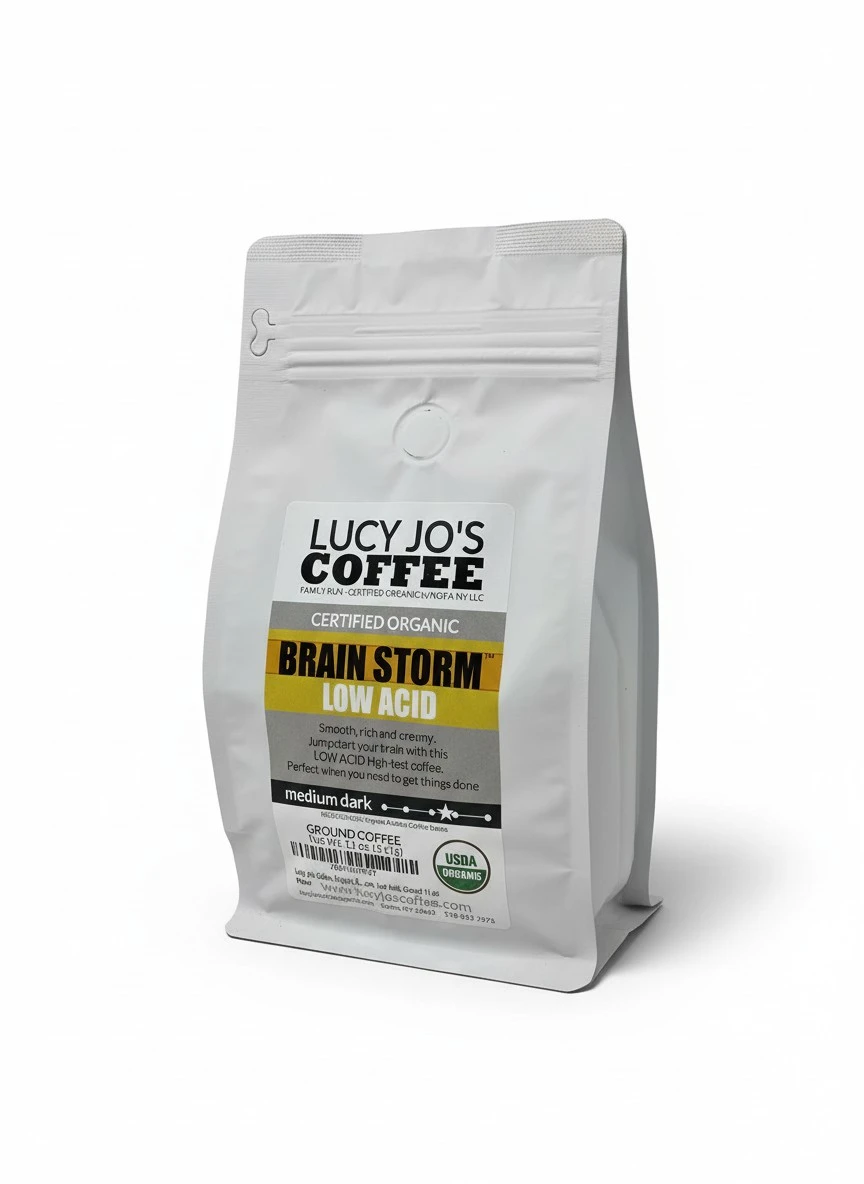 Lucy Jo's Coffee, Organic Brainstorm, Medium Dark Roast, Low Acid, Ground 11 oz