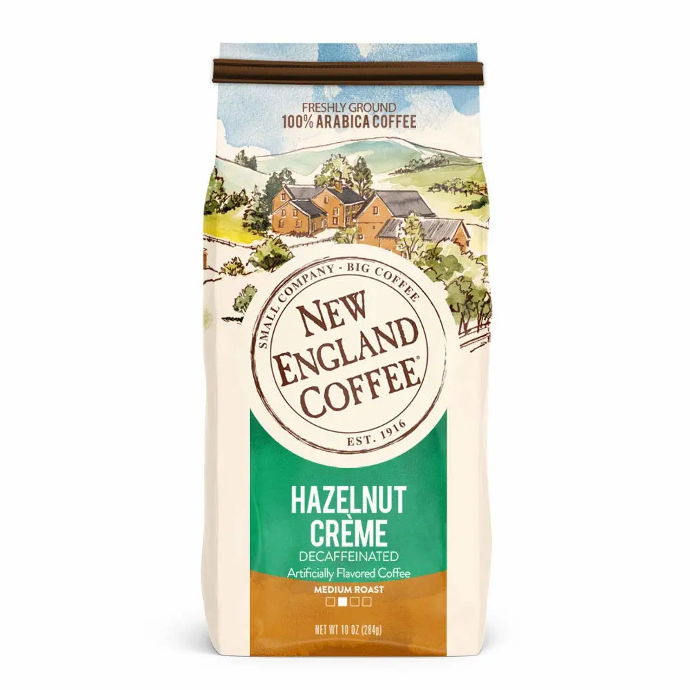 New England Coffee Hazelnut Crème Decaffeinated Medium Roast Ground Coffee, 10oz Bag (Pack of 3)