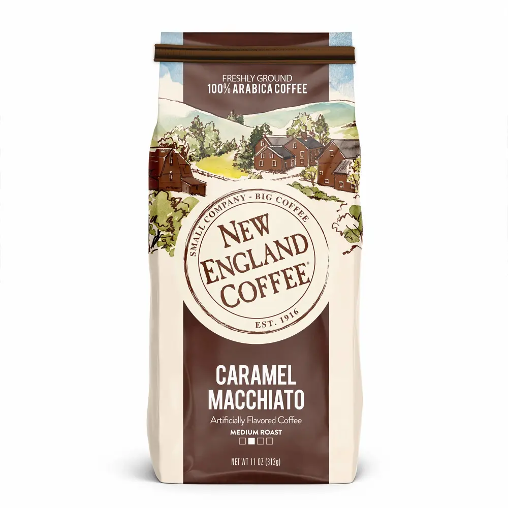 New England Coffee Caramel Macchiato Medium Roast Ground Coffee, 11oz Bag (Pack of 1)