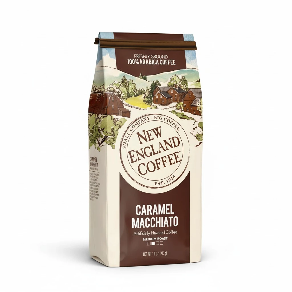 New England Coffee Caramel Macchiato Medium Roast Ground Coffee, 11oz Bag (Pack of 1)