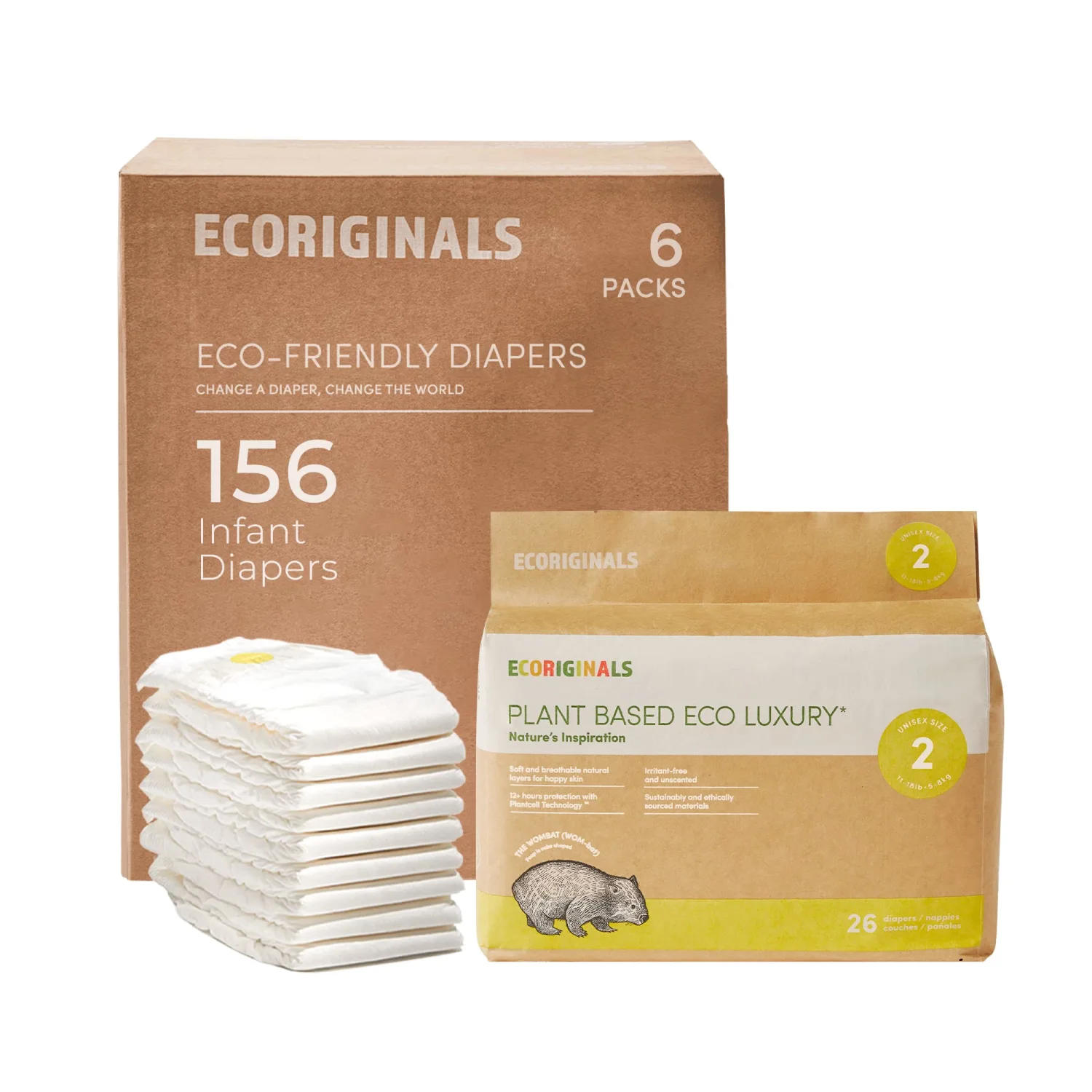 Ecoriginals Eco Disposable Diapers | Infant Baby Size 2, 8-15lbs | 6 Pack, 156 Count | Plant-Based, Non-Toxic