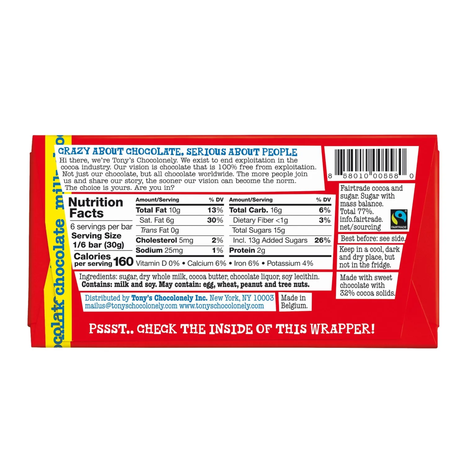 Tony's Chocolonely 32% Milk Chocolate Bar - Belgium Chocolate, No Artificial Flavoring, Fairtrade & B Corp Certified - 6.35 Oz