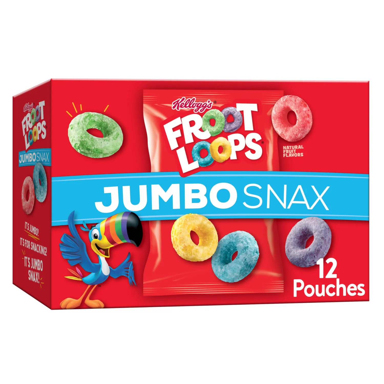 Kellogg's Froot Loops Jumbo Snax Cereal Snacks, Kids Snacks, Fruit Flavored, Original, 5.4oz Box (12 Pouches)