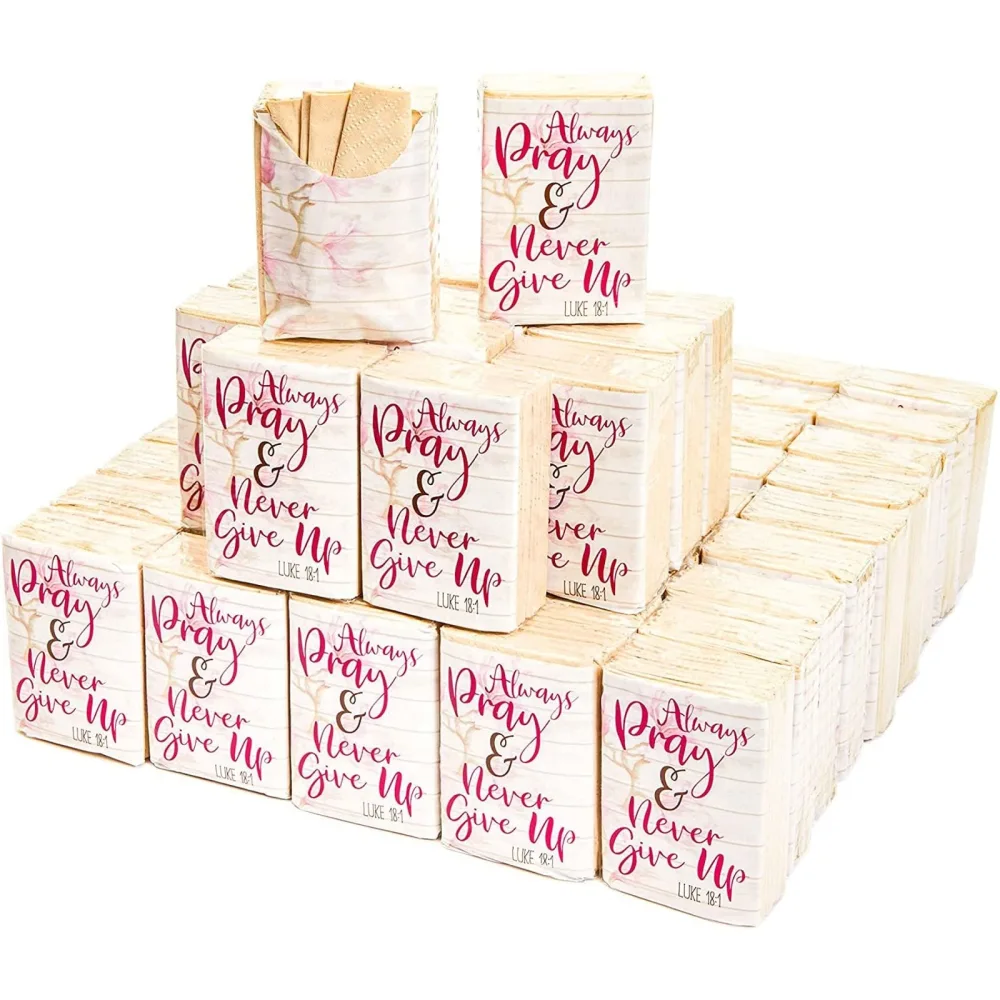 60 Pack Facial Pocket-Size Individual Tissues Bulk, Always Pray and Never Give Up Luke 18:1, for Party Favors, Graduation Ceremony, Funeral (3-Ply Soft Bamboo Tissue)