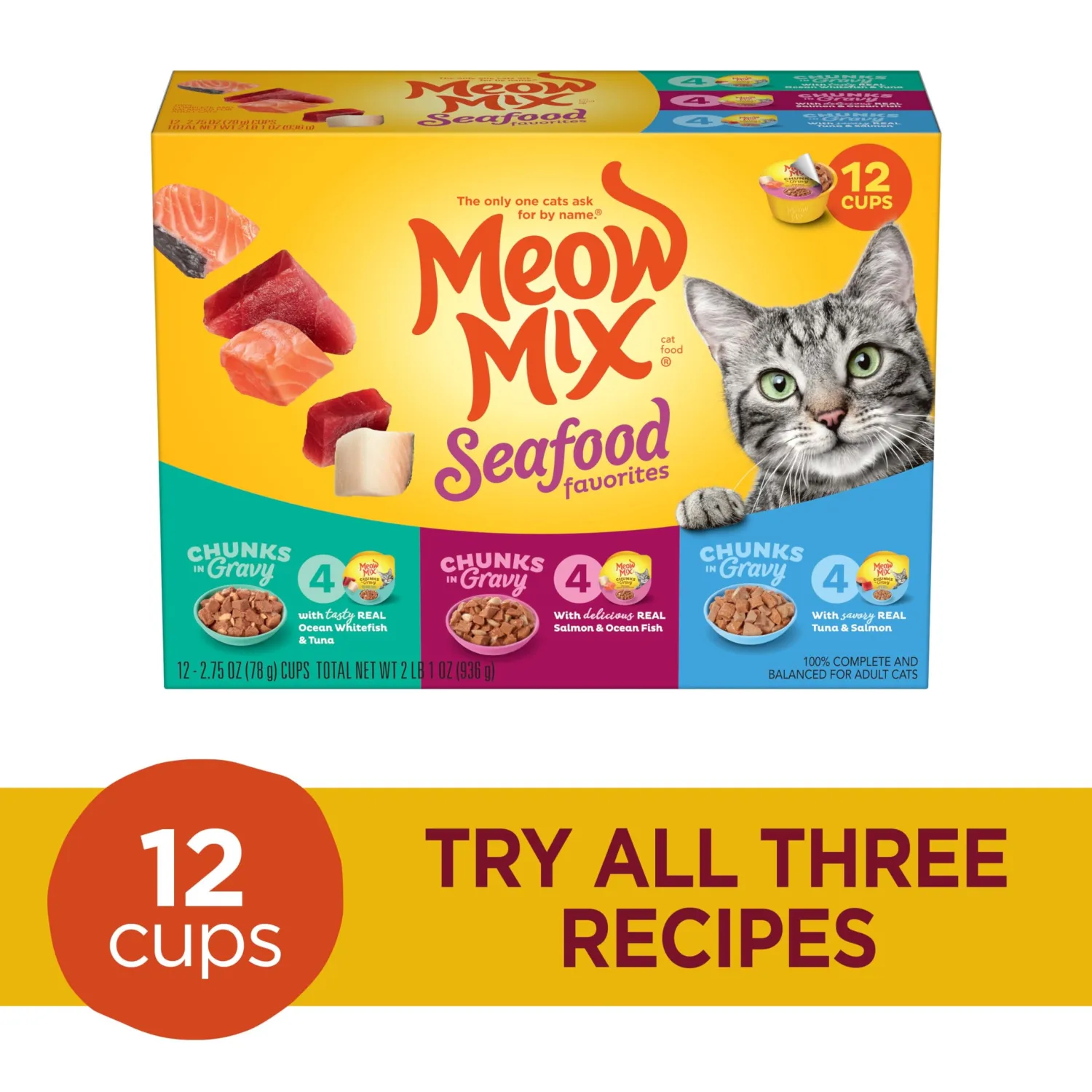Meow Mix Seafood Favorites Chunks in Gravy Wet Cat Food Variety Pack, 2.75 Ounce (Pack of 12)