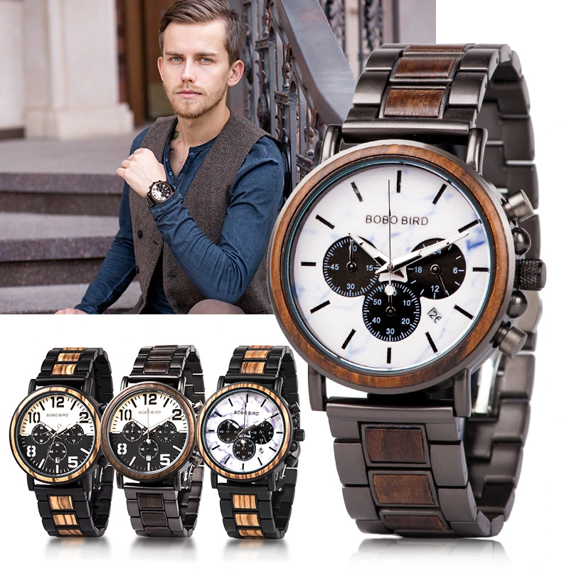 Wooden quartz watch three eye multi function men's Watch