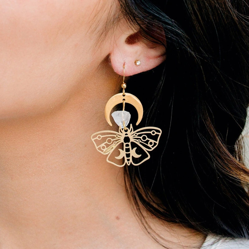 Women's Fashion Gold Plated Moth Moon Drop Earrings