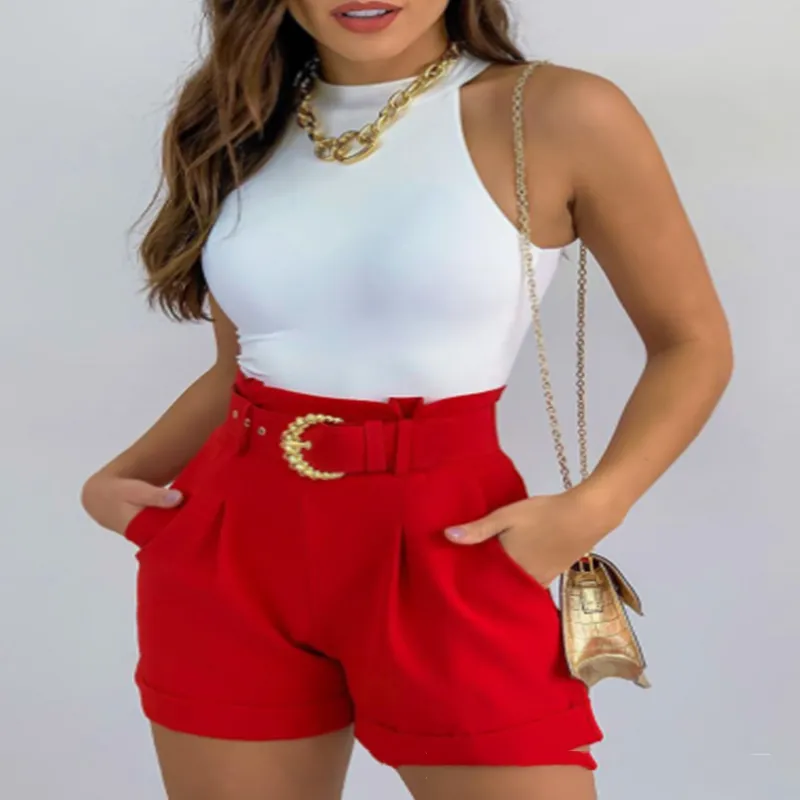 European And American Shorts And Vest Solid Color Suit With Belt