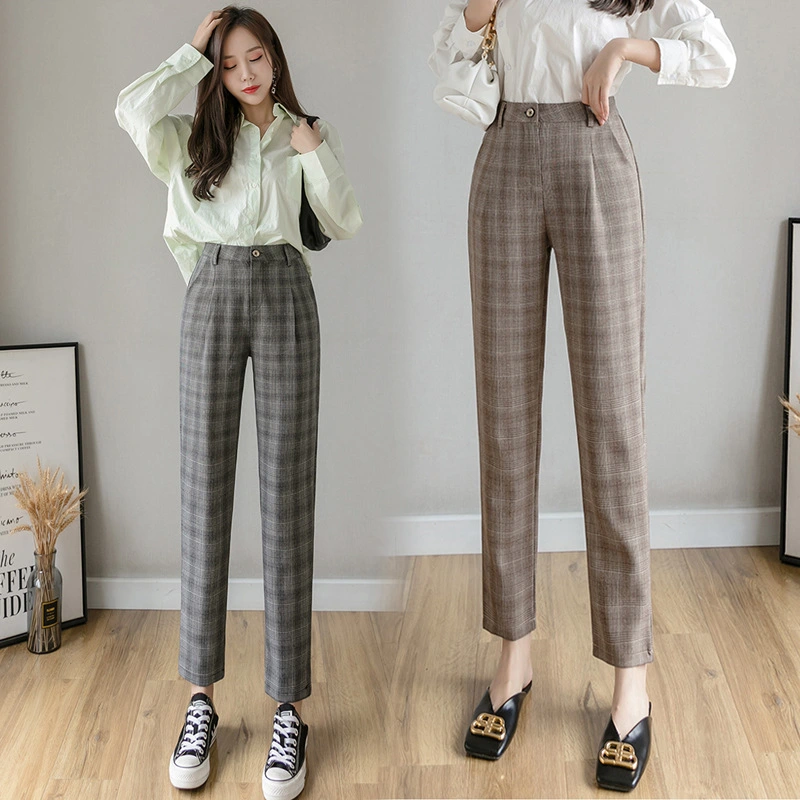 Women's New Spring And Autumn Plaid Casual Pants High Waist