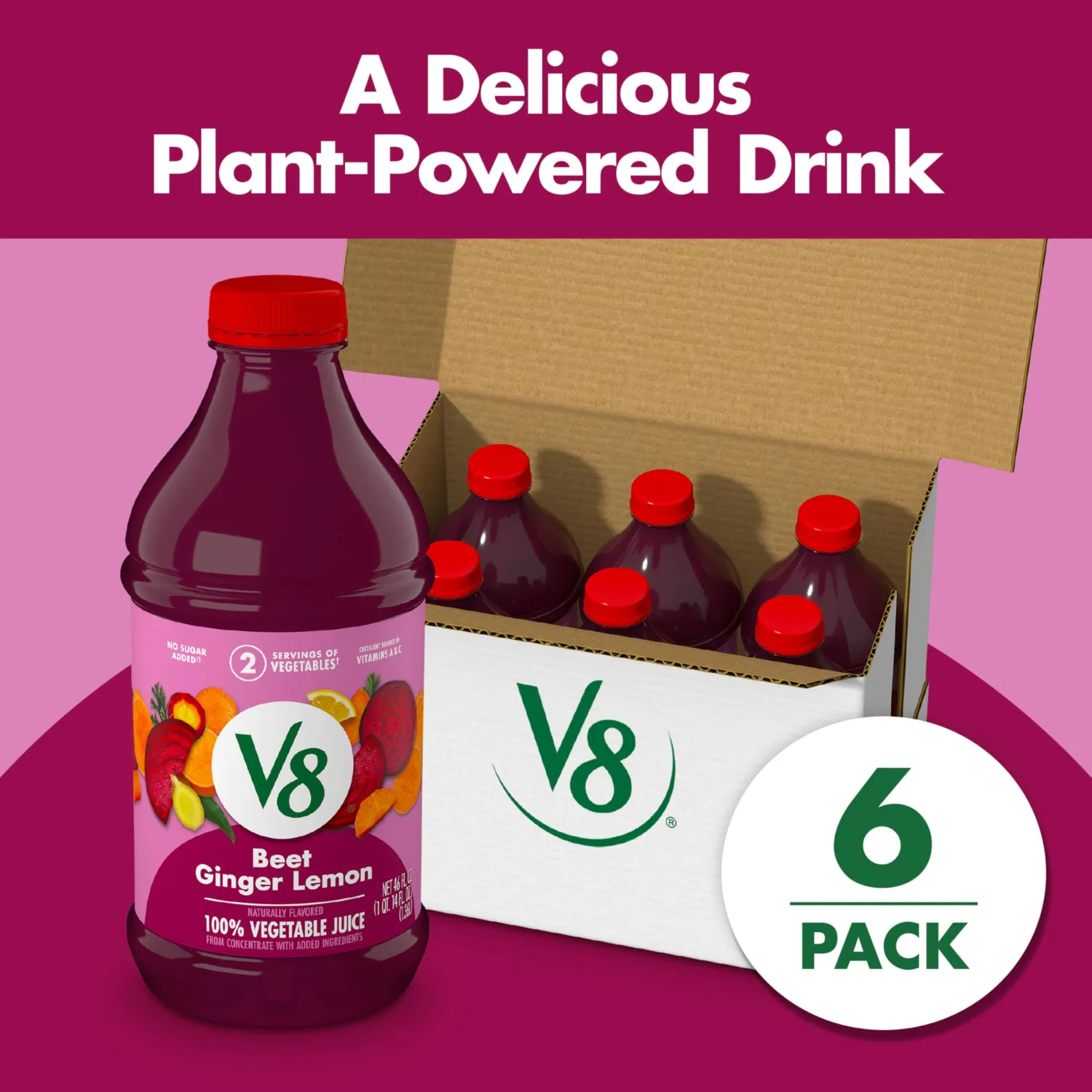 V8 Beet Ginger Lemon 100% Vegetable Juice, Naturally Flavored Vegetable Juice From Concentrate, 46 FL OZ Bottle (Pack of 6)