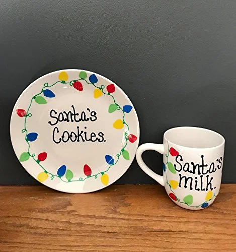 Santa's Cookies plate and Milk mug Christmas lights décor