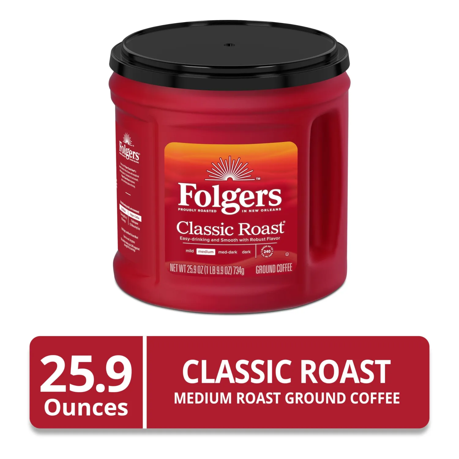 Folgers Classic Roast Ground Coffee, Medium Roast Coffee, 25.9 Ounce Canister