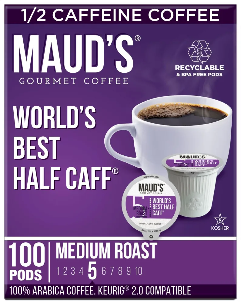 Maud's Half Caff Coffee Pods, 100 ct, Medium Roast Coffee in Recyclable Single Serve Pods – 100% Arabica Coffee, Compatible with Keurig K Cups Maker