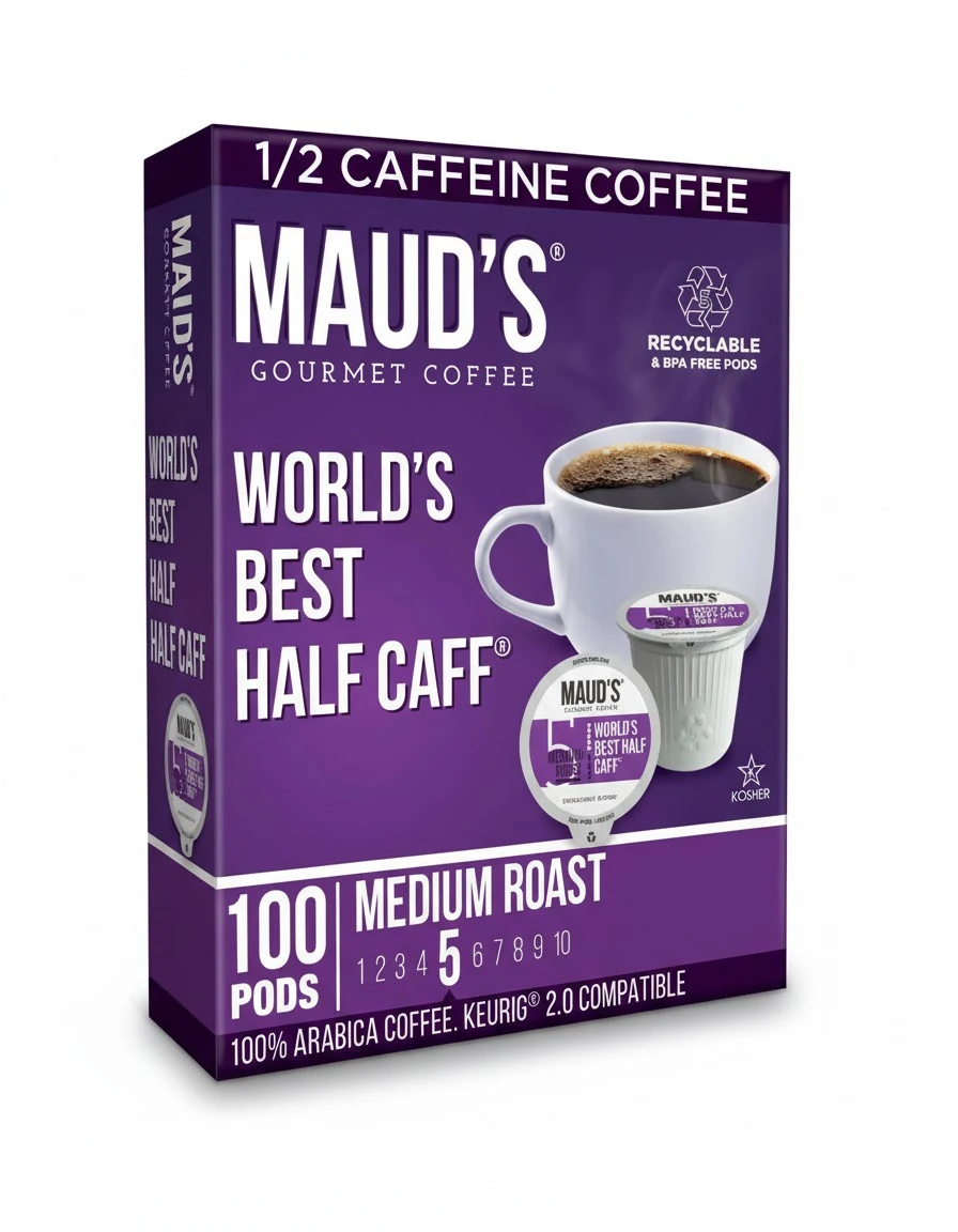 Maud's Half Caff Coffee Pods, 100 ct, Medium Roast Coffee in Recyclable Single Serve Pods – 100% Arabica Coffee, Compatible with Keurig K Cups Maker