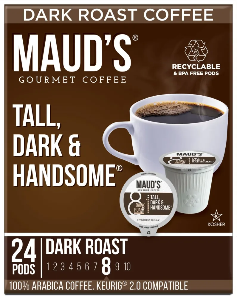 Maud's Dark Roast Coffee Pods, 24 ct | Tall, Dark & Handsome Coffee Blend | 100% Arabica Dark Roast Coffee | Solar Energy Produced Recyclable Pods Compatible with Keurig K Cups Maker