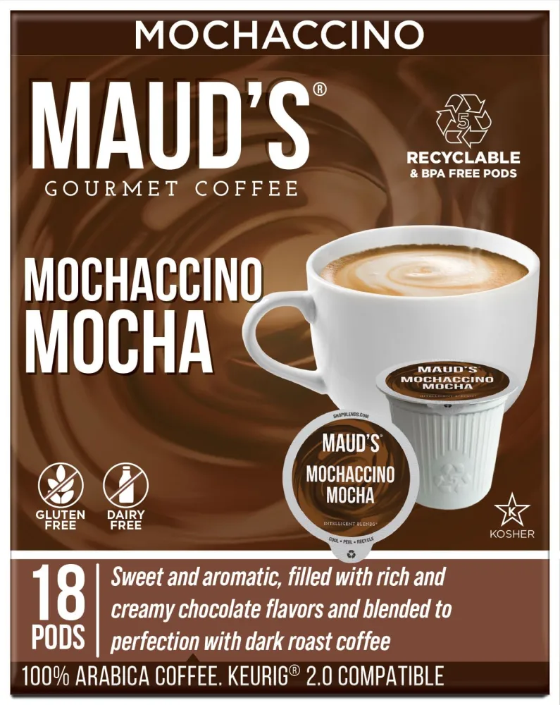 Maud's Chocolate Mocha Cappuccino Coffee Pods, 18ct - Mochaccino Mocha Flavor - Made with Gourmet Arabica Coffee, Recyclable Pods Compatible with Keurig K Cups Maker