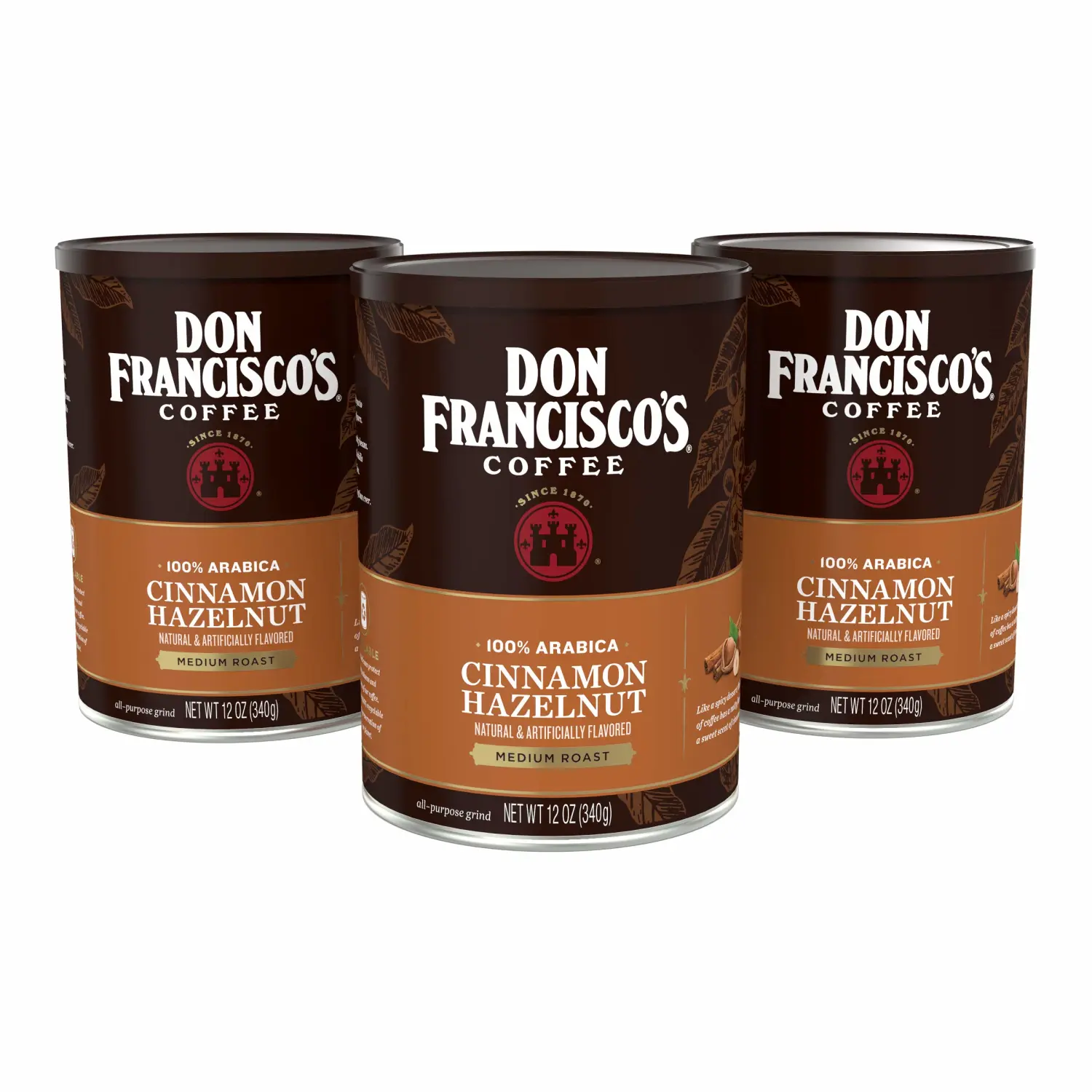 Don Francisco's Cinnamon Hazelnut Ground Flavored Coffee: Rich, Aromatic 100% Arabica Blend - Medium Roast for a Delightful Morning Brew (3 x 12 oz Cans)