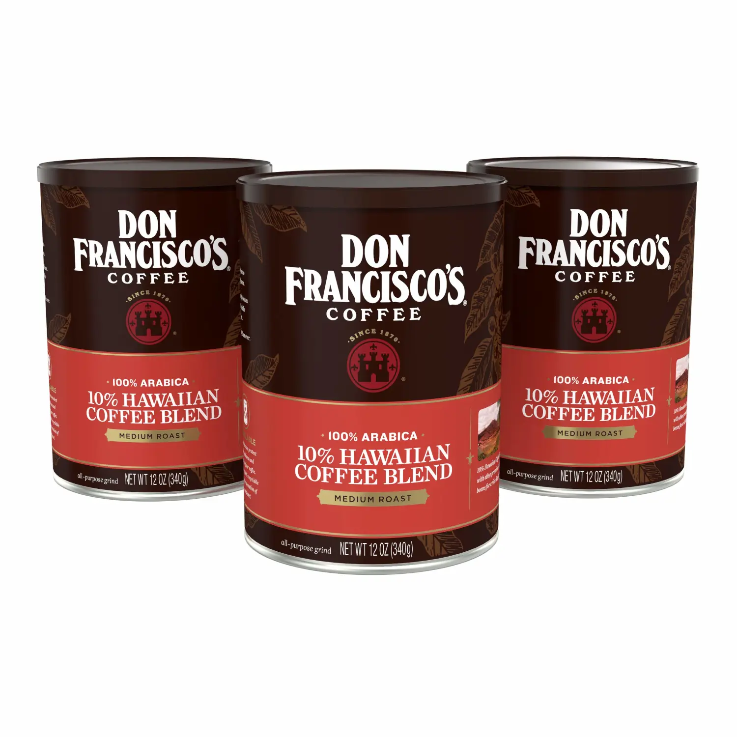 Don Francisco's Premium Hawaiian Blend Premium Ground Coffee - 10% Hawaiian Coffee blended with other premium Arabica beans, Rich Flavor, Floral Aroma, Subtle Fruity Notes - 3 Pack of 12 oz Recyclable Steel Cans - Family Crafted Since 1870