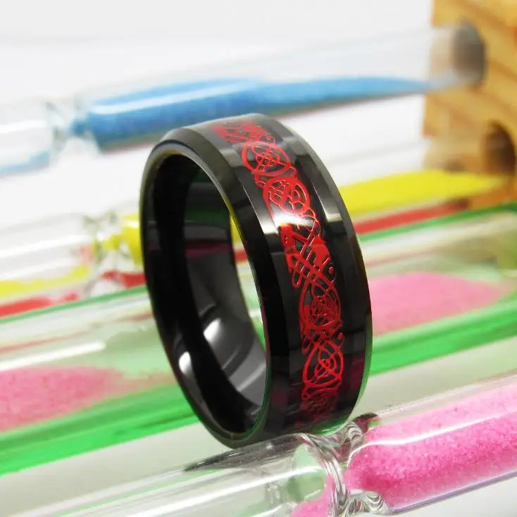 Tungsten Gold Ring Men's Chamfering Electric Black Inlaid Black Red Dragon Fashion Popular European And American Jewelry