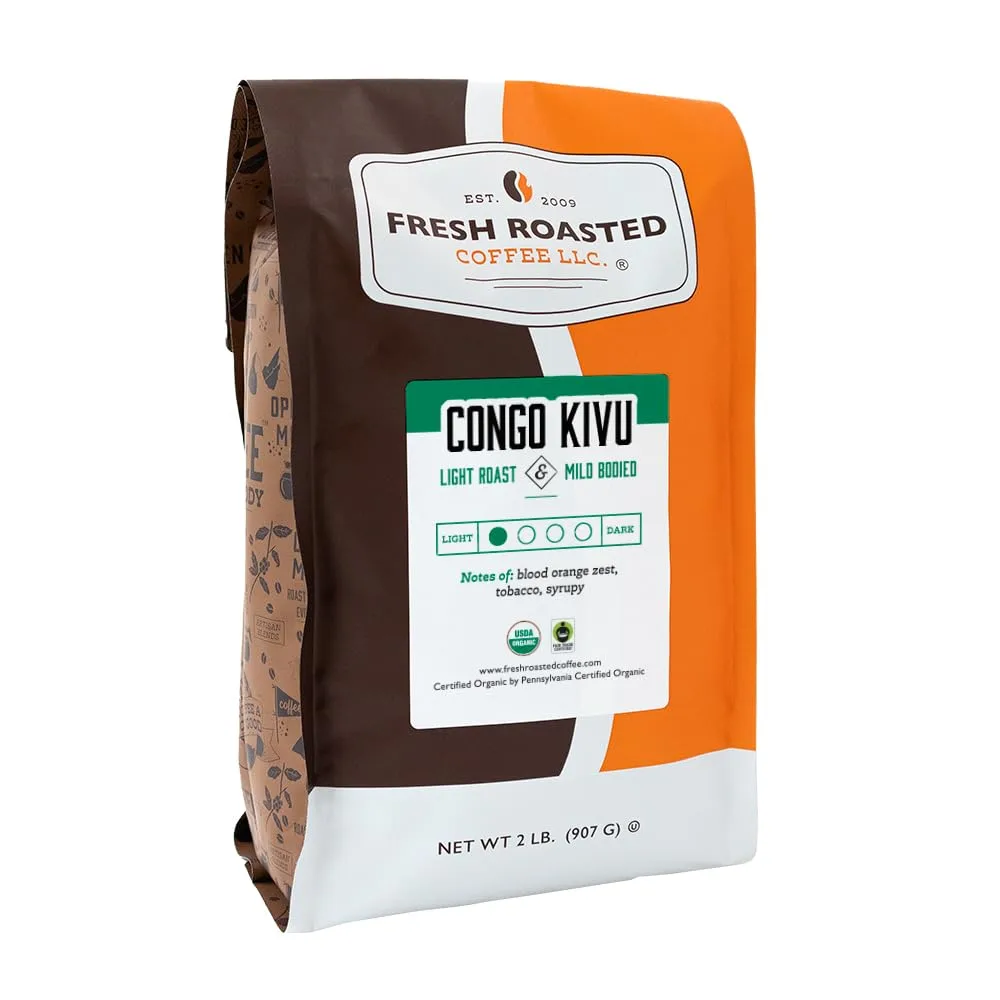 Fresh Roasted Coffee, Fair Trade Organic Congo Kivu, 2 lb (32 oz), Light Roast, Kosher, Ground