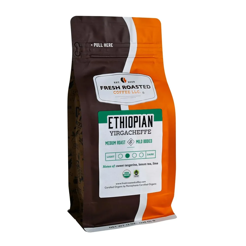 Fresh Roasted Coffee, Organic Ethiopian Yirgacheffe, 12 oz, Medium Roast, Mold & Mycotoxin Tested Fair Trade Kosher, Ground