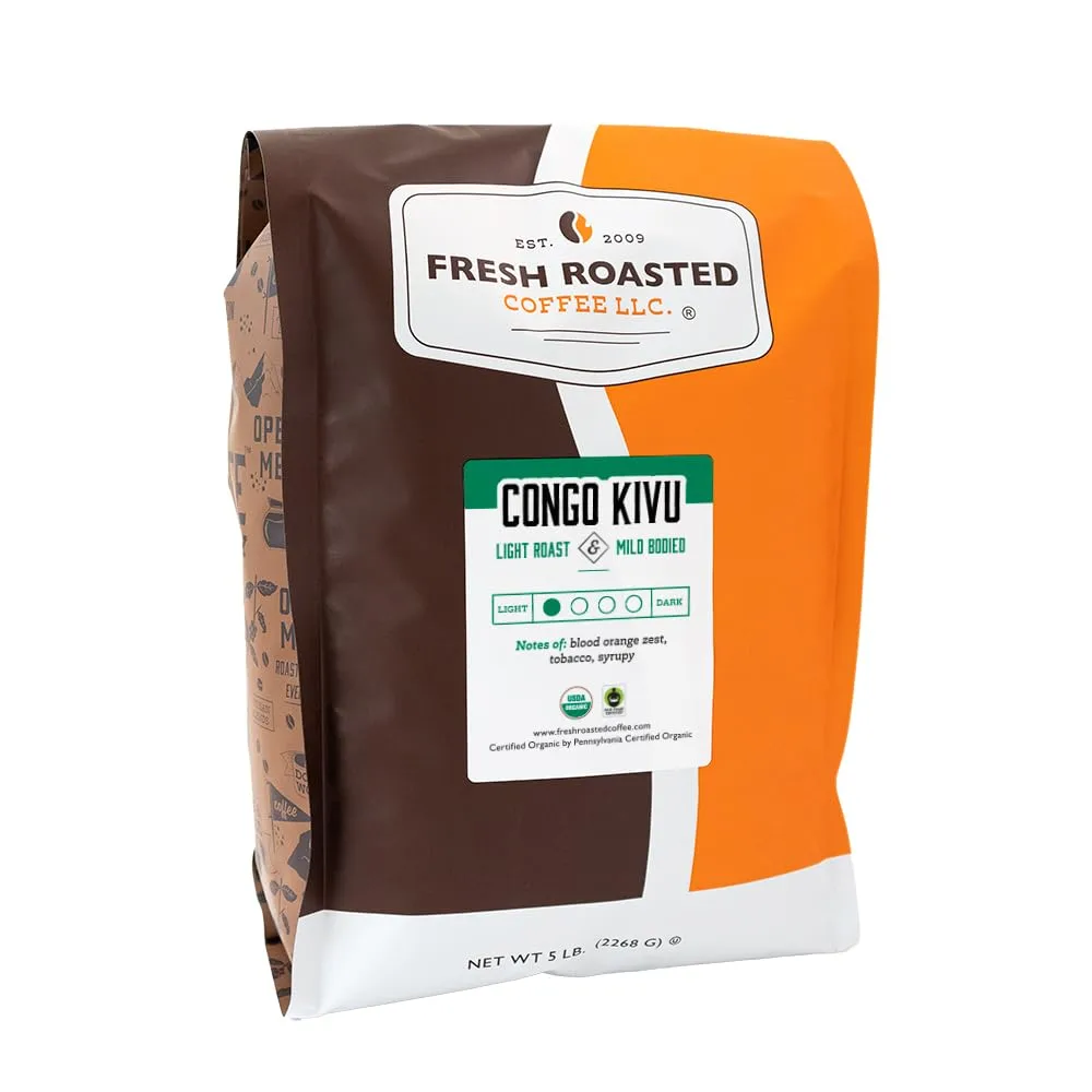 Fresh Roasted Coffee, Fair Trade Organic Congo Kivu, 5 lb (80 oz), Light Roast, Kosher, Ground